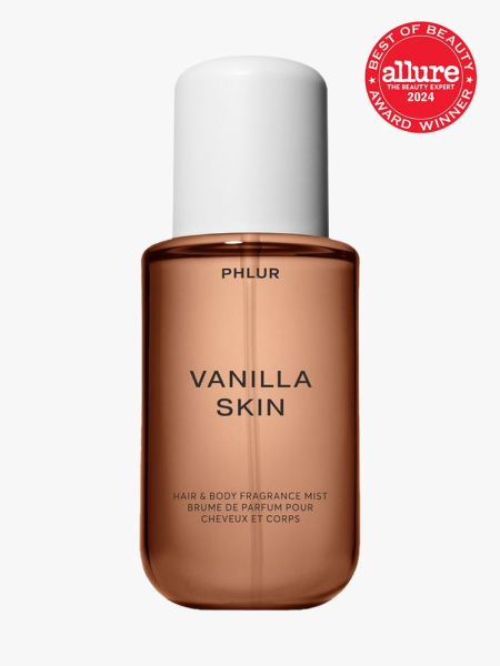 Phlur Vanilla Skin Body & Hair Fragrance Mist branded bottle component with black accents on a white cap on a light gray background with red Allure Best of Beauty seal in the top right corner