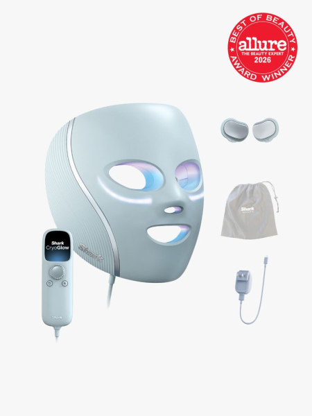 Shark CryoGlow LED Face Mask in multiple branded components on a light gray background with the 2026 best of beauty seal in the top right corner